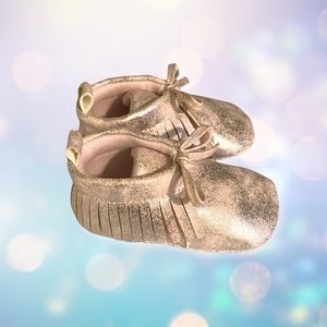First Steps Pink and Silver Metallic Moccasins - Size 2 (3-6 months)